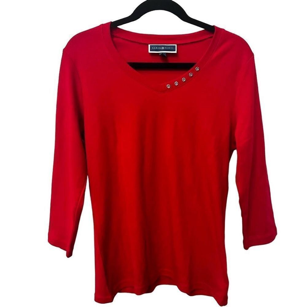 Karen Scott red v neck button collar top